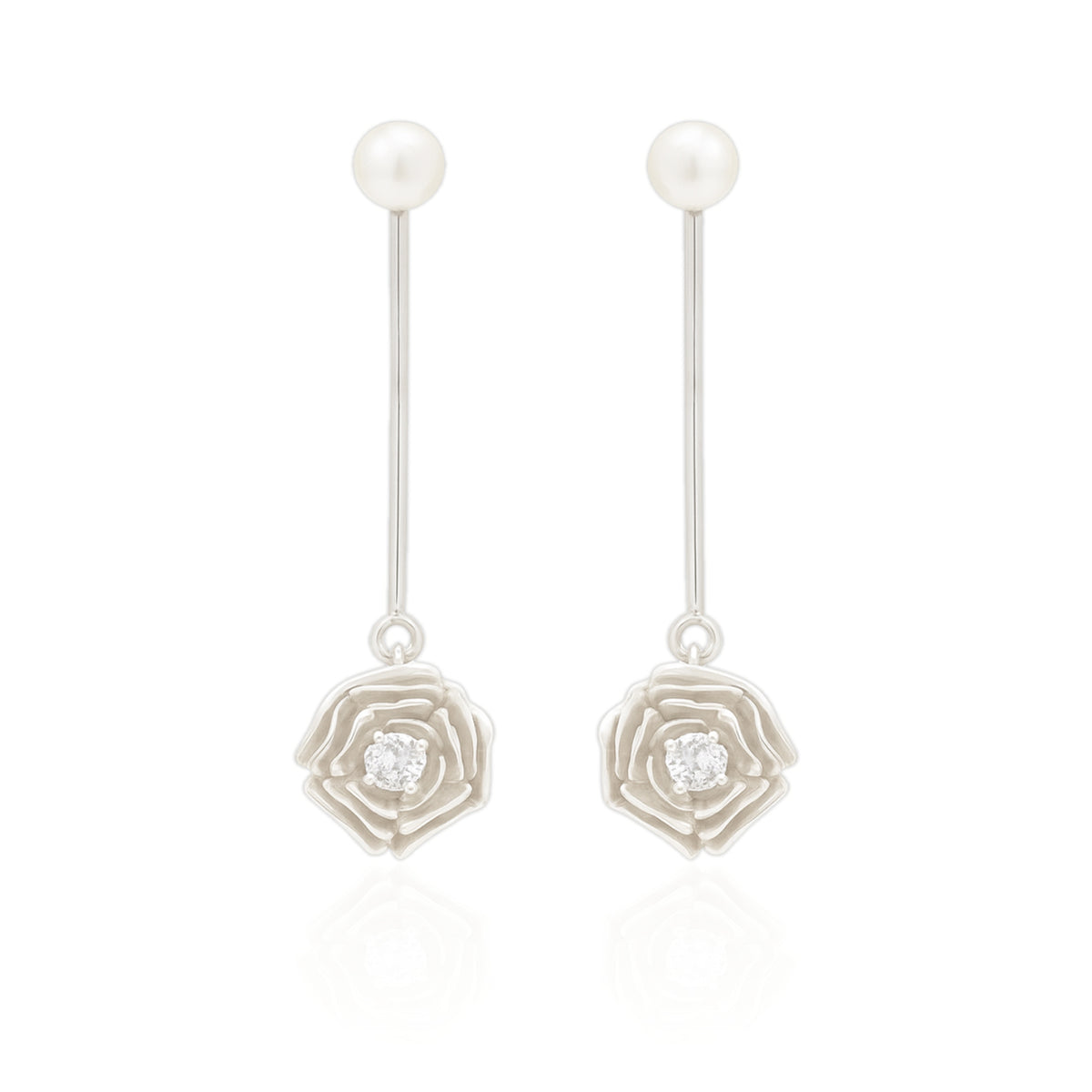 Brinco Longo Feminino Prata 925 Legítima Rosa com Pedra Central Brilhante