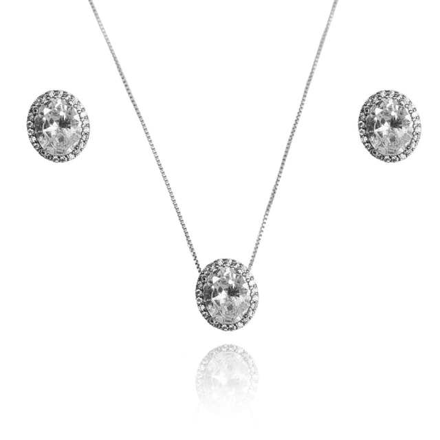 CONJUNTO BRINCO E COLAR OVAL CRISTAL E ZIRCÔNIAS