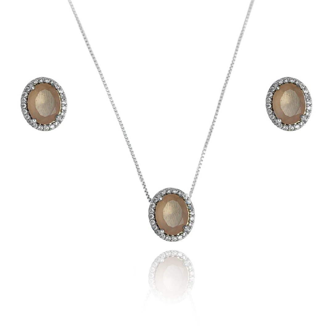 CONJUNTO BRINCO E COLAR OVAL CRISTAL E ZIRCÔNIAS