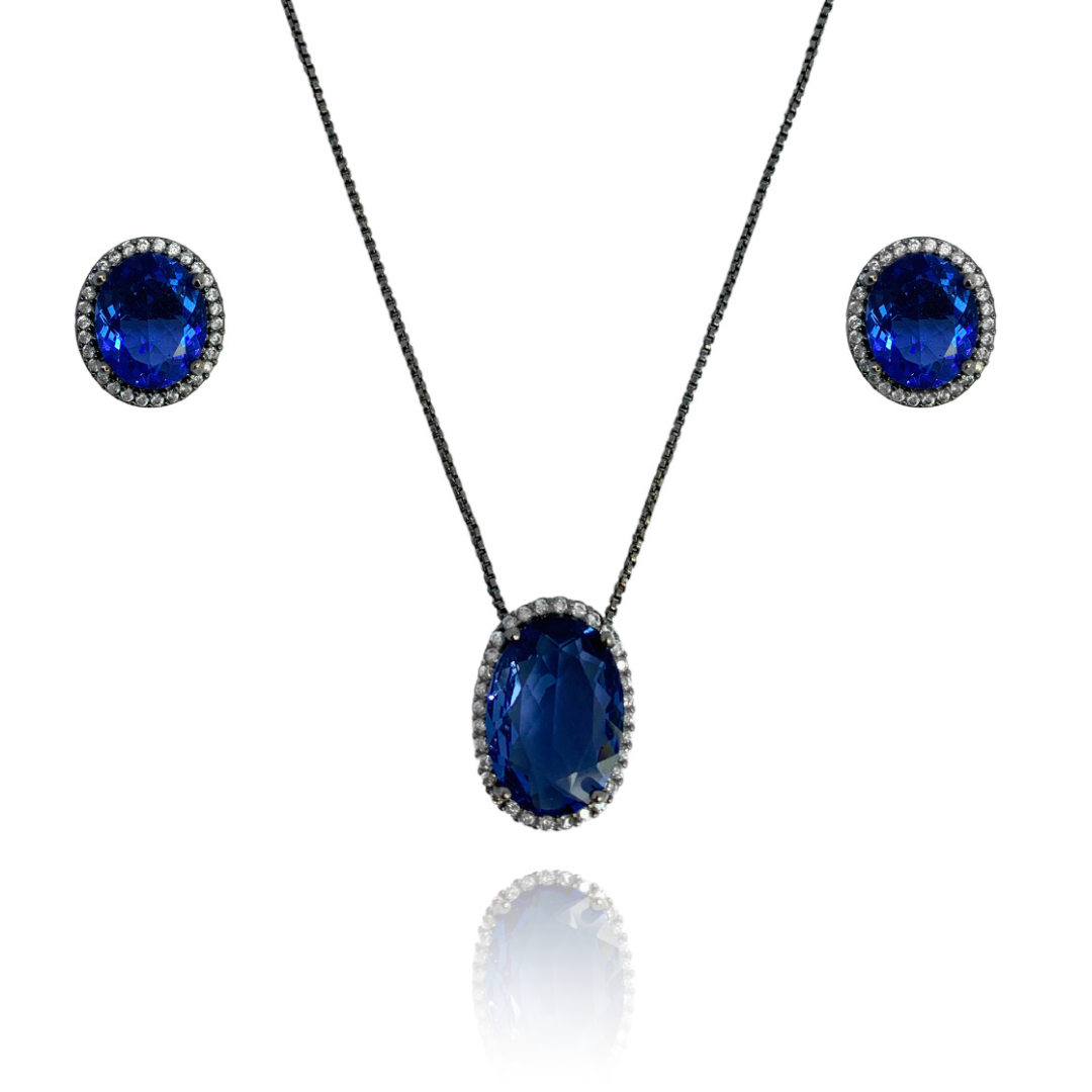 CONJUNTO BRINCO E COLAR OVAL CRISTAL E ZIRCÔNIAS