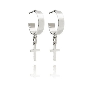 SILVER CROSS HALF HOOP EARRING