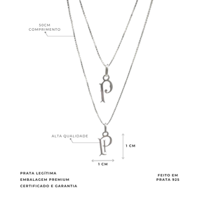 COLAR DUPLO PALMEIRAS LETRA P BRASÃO VAZADO PRATA 925 LICENCIADO
