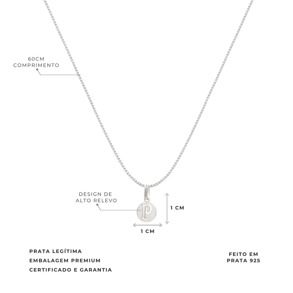 COLAR PALMEIRAS LETRA P REDONDO 50CM PRATA 925 LICENCIADO