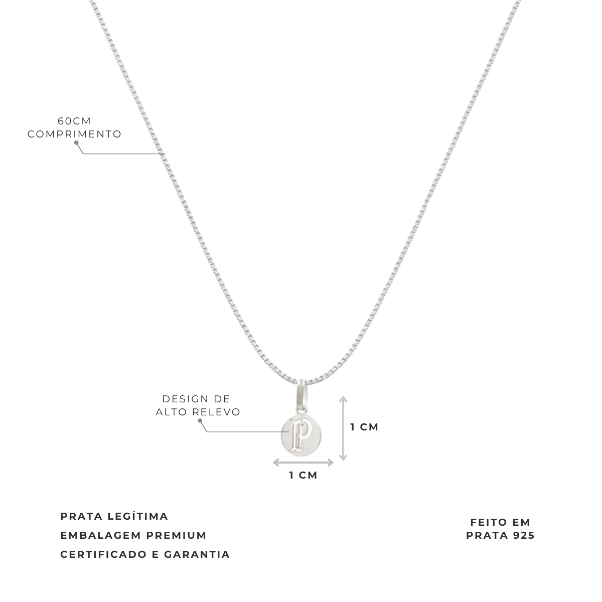 COLAR PALMEIRAS LETRA P REDONDO 50CM PRATA 925 LICENCIADO