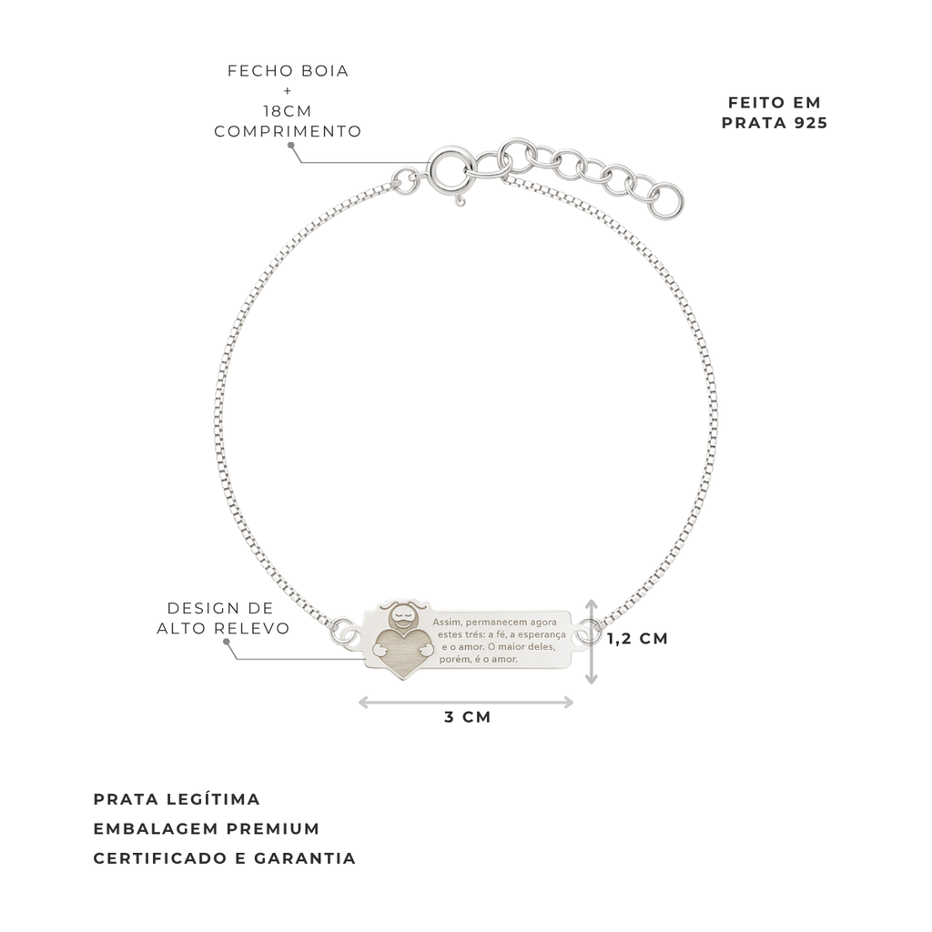 PULSEIRA DE PRATA PLACA SMILINGUIDO CORAÇÃO VERSICULO