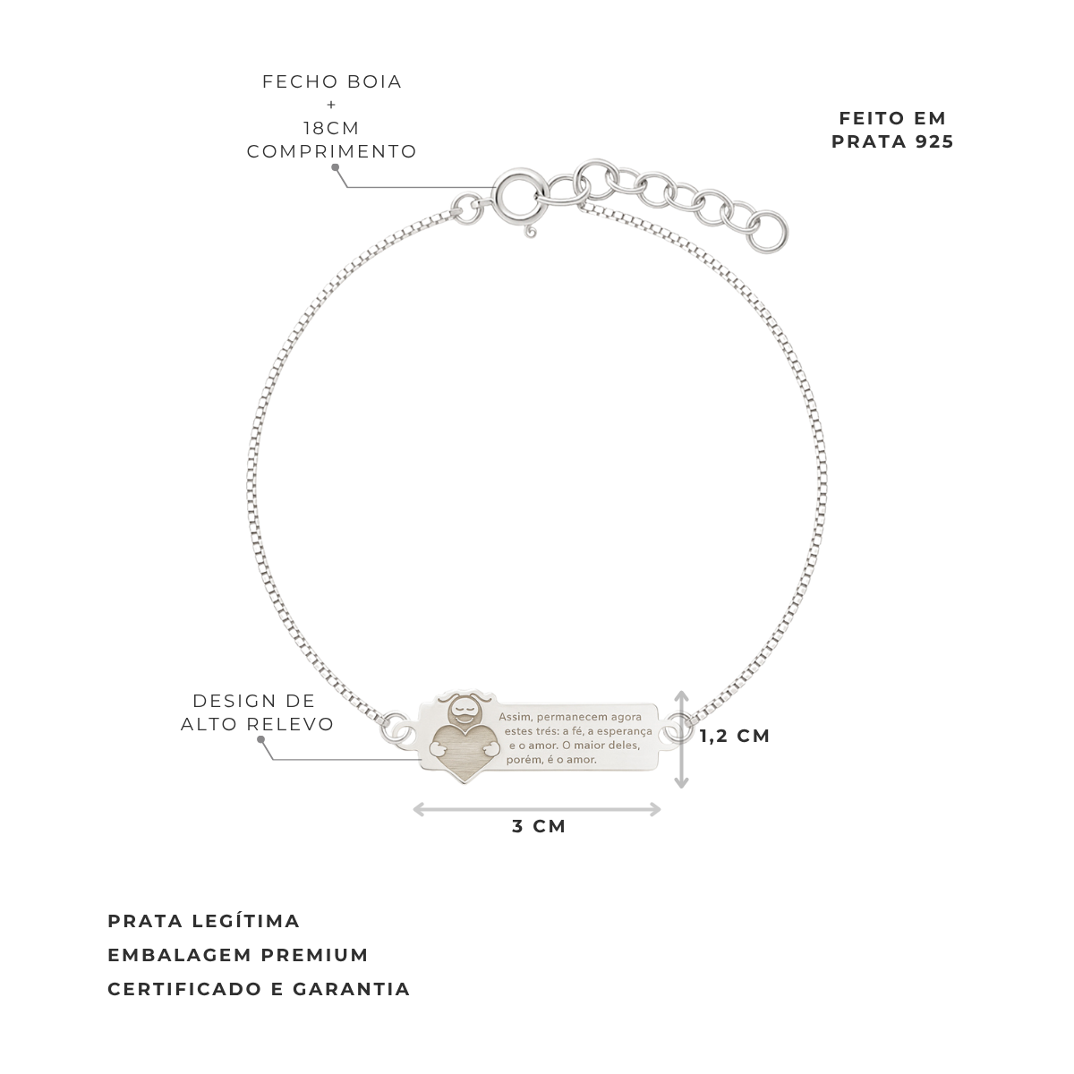 PULSEIRA DE PRATA PLACA SMILINGUIDO CORAÇÃO VERSICULO