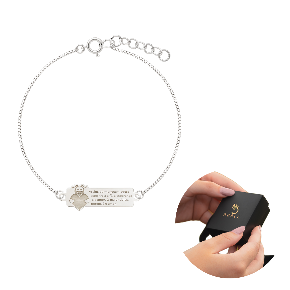 PULSEIRA DE PRATA PLACA SMILINGUIDO CORAÇÃO VERSICULO